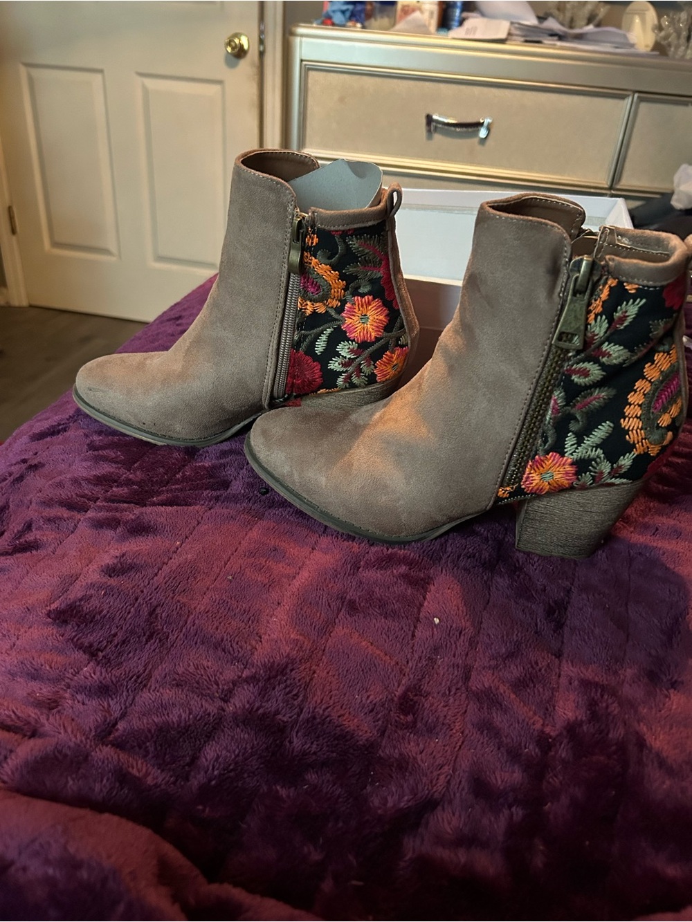 Tiara Taupe Suede Ankle Boots with Floral Embroidered Heel